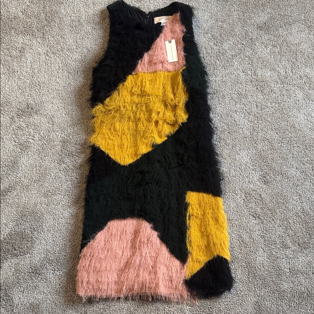 Anthropologie Fuzzy Colorblock Mini Dress in Black, Pink, Mustard